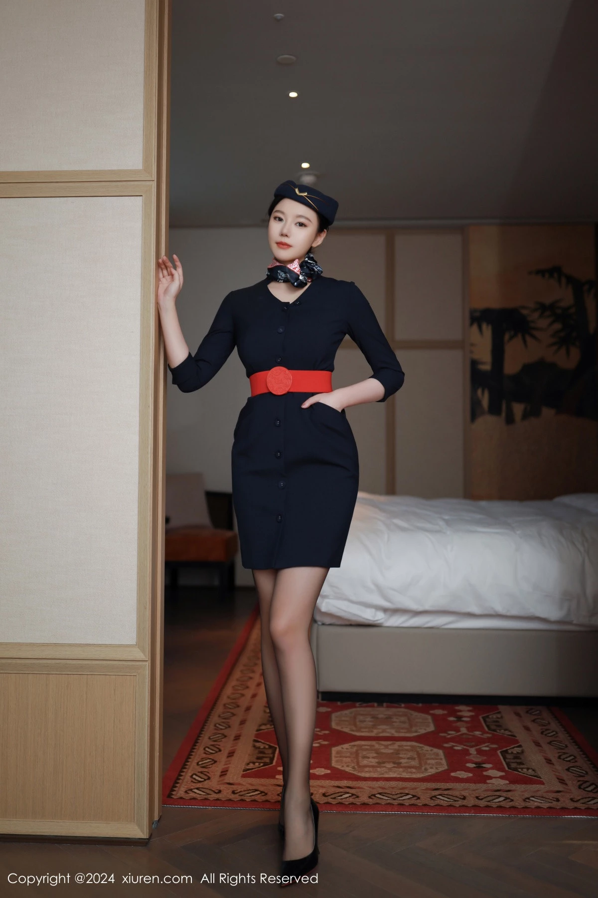 模特安然anran性感空姐制服露红色内衣配超薄黑丝撩人诱惑写真79P-第1章-图片3