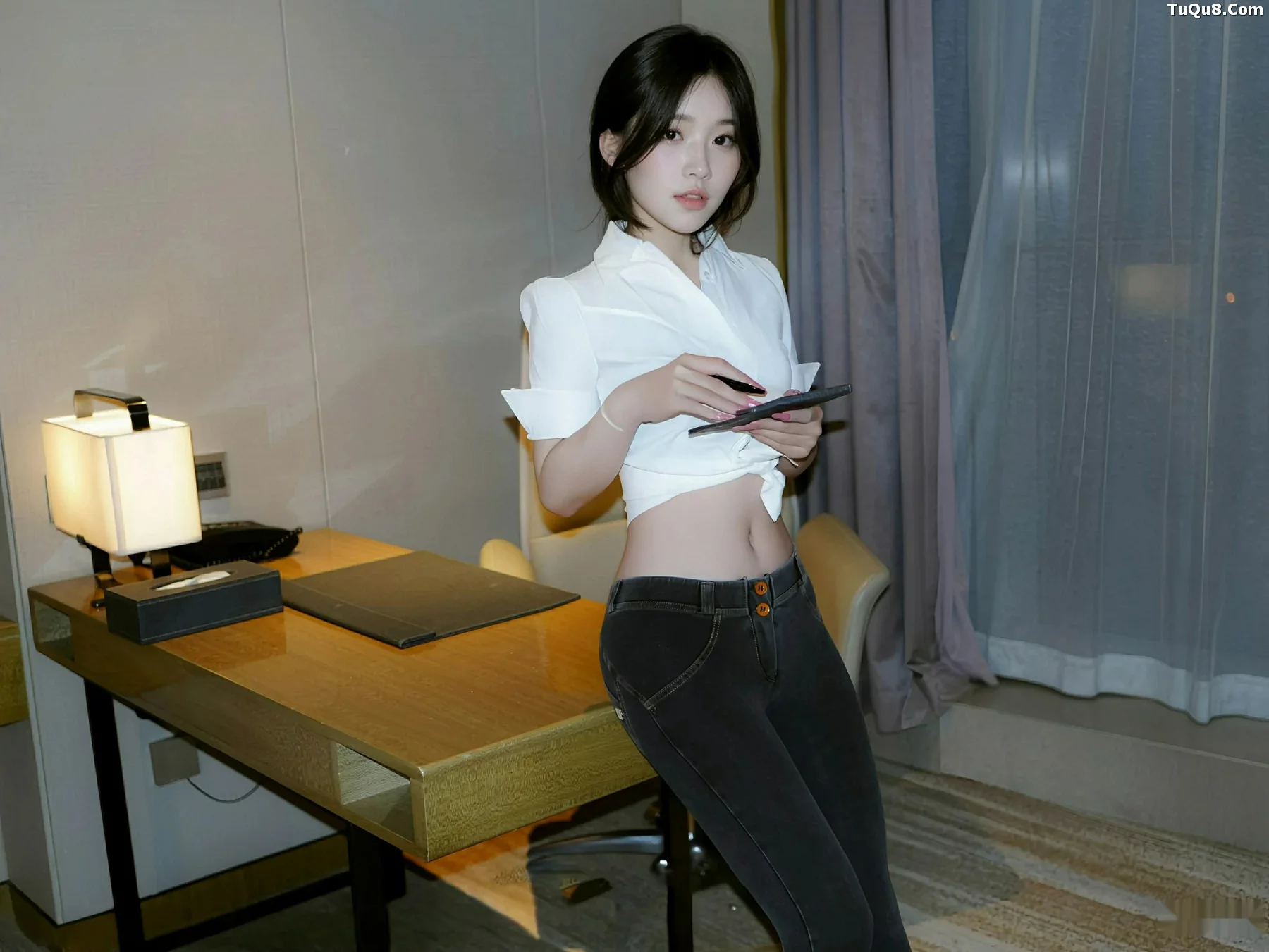 模特汁汁性感白T配牛仔长裤露蓝灰色内衣秀曼妙身姿诱惑写真76P-第1章-图片2